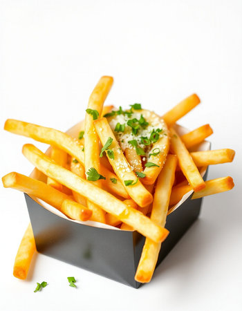 French fries with sour cream and parsley on a white background.