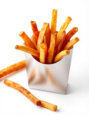 French fries in a paper box on a white background. Isolated