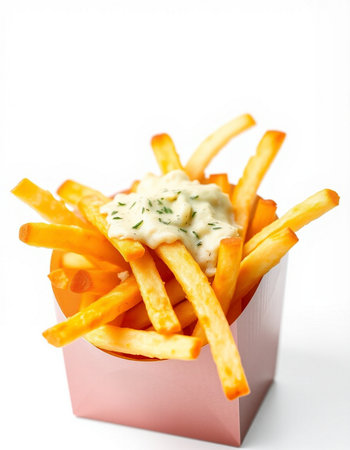 French fries with mayonnaise and mayonnaise in a boxの写真素材