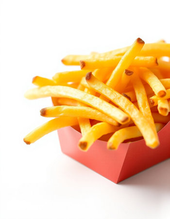 French fries in a red box on a white background, close up