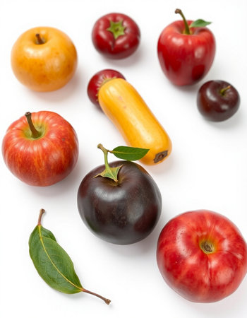 Different fruits and vegetables on a white background. Healthy food concept.の写真素材