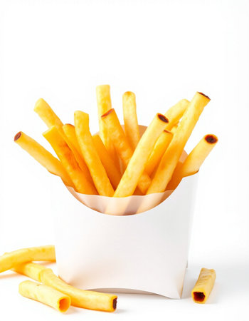 French fries in paper box isolated on white background. Selective focus.