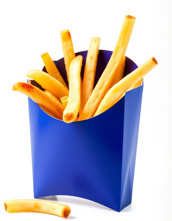 French fries in a blue box on a white background. Isolated
