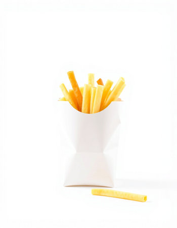 French fries in a white paper box on a white background, isolatedの写真素材
