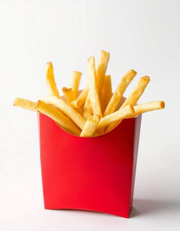 French fries in a red box on a white background, fast foodの写真素材