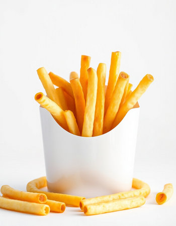 French fries in a paper cup on a white background. Selective focus.