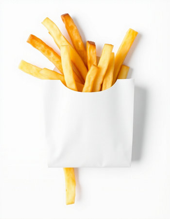 French fries in a white paper bag on a white background, top view