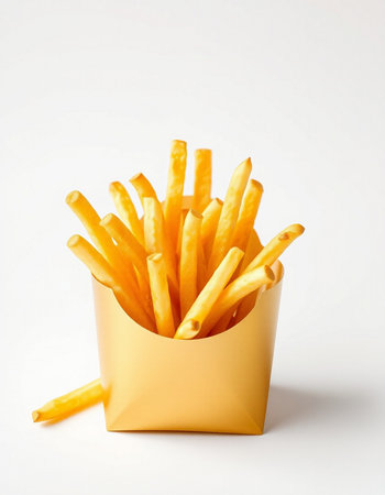 French fries in a yellow box on a white background close-upの写真素材