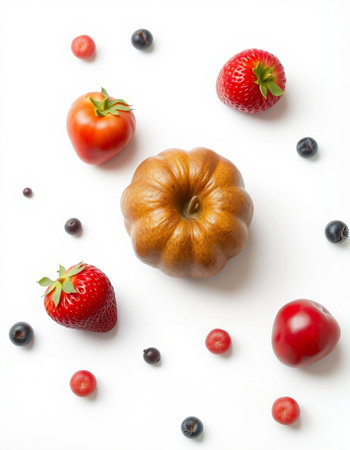 Strawberry, blueberry, cherry and pumpkin on white backgroundの写真素材