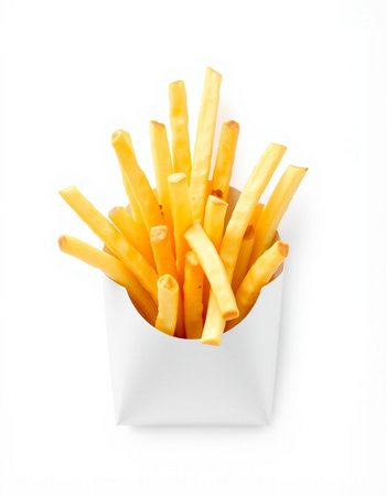 French fries in paper box isolated on white background, top view.
