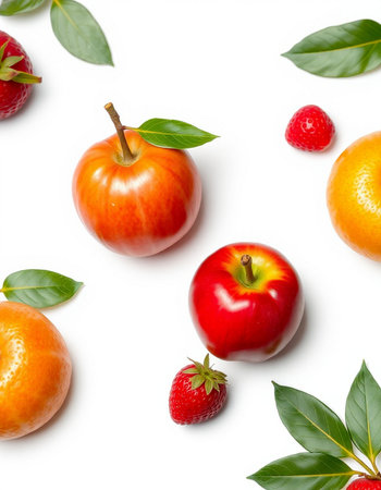 Red apples and oranges isolated on white background. Flat lay, top viewの写真素材