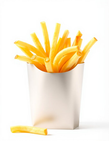 French fries in paper box isolated on white background. Close up.