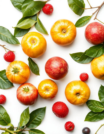 Flat lay composition with ripe fruits and leaves on white background.の写真素材