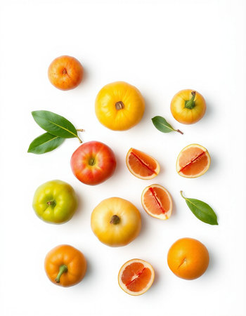 Citrus fruits isolated on white background. Flat lay, top viewの写真素材
