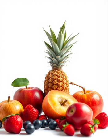 Pineapple, strawberries, blueberries and apples on a white backgroundの写真素材