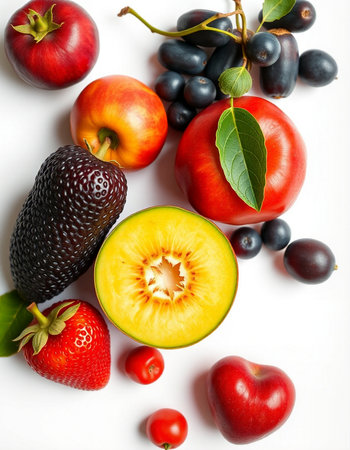Fruits and berries on a white background. Healthy food. Top view.の写真素材