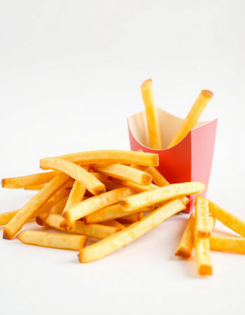 French fries in a red box on a white background. Selective focus.