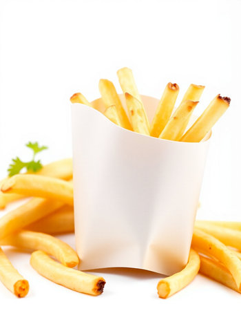 French fries in paper box isolated on white background. Selective focus.