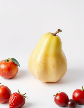 Pear, cherry tomatoes and red apples on a white backgroundの写真素材
