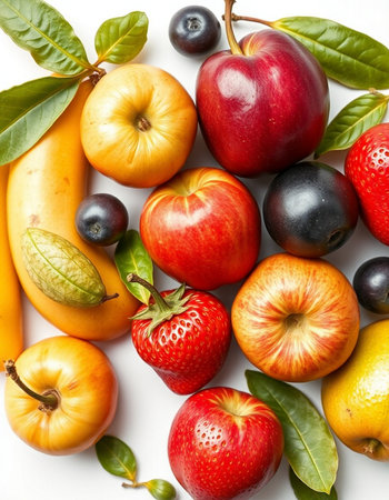 Fruits and vegetables isolated on white background. Flat lay, top viewの写真素材