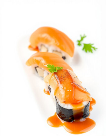 Sushi roll with salmon, caviar and sauce on a white backgroundの写真素材