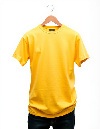 Yellow t-shirt on a hanger on a white background.の写真素材