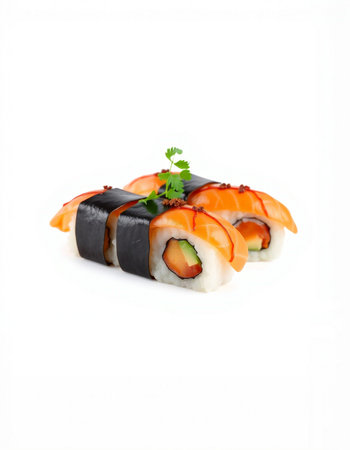Sushi rolls isolated on white background. Japanese food restaurant menu.の写真素材
