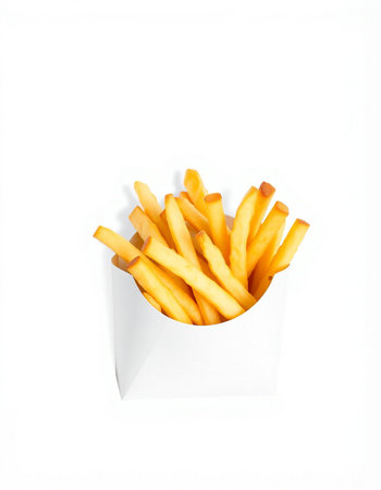 French fries in a white box on a white background. Isolate