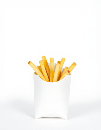 French fries in a white box on a white background. Isolated