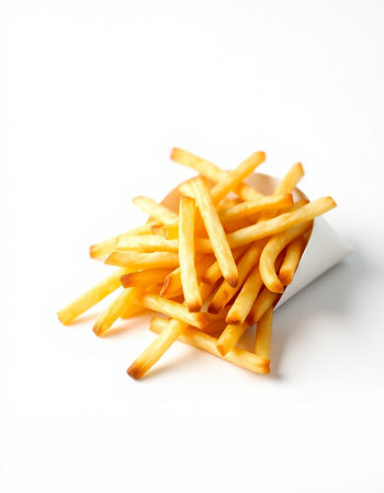 French fries in a bowl on a white background. Selective focus.