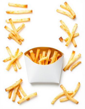 French fries in a paper box isolated on white background. Top view.
