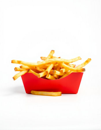 French fries in a red box on a white background. Isolated