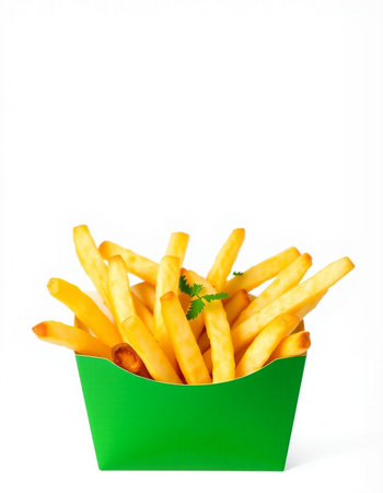 French fries in a green box on a white background, isolate.