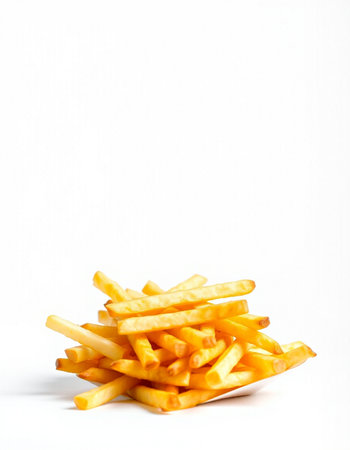 Golden French fries potatoes on white background. Copy space for text.