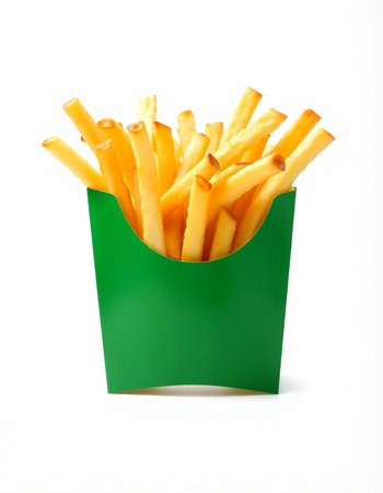 French fries in a green box on a white background. Isolated