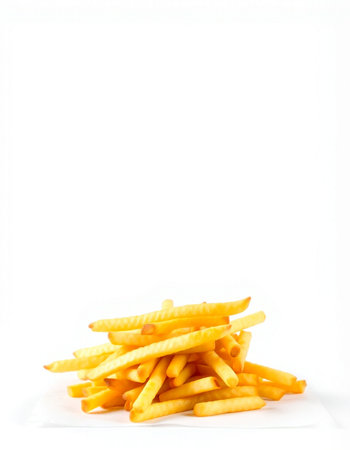 Golden French fries potatoes on white background. Copy space for text.