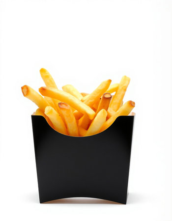 French fries in black box isolated on white background. Fast food.の写真素材