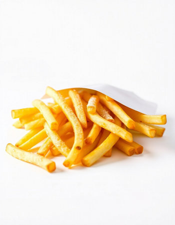 Golden French fries potatoes on white background. Fast food. Copy space.