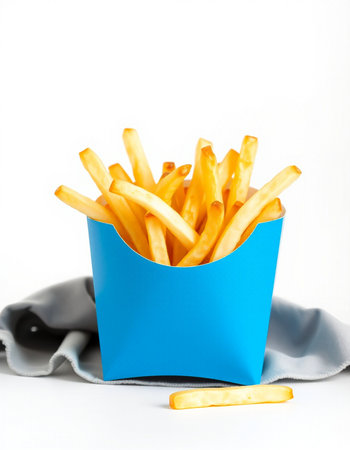 French fries in a blue box on a white background. Isolatedの写真素材