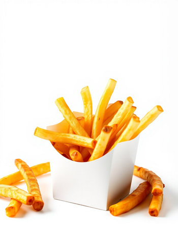 French fries in a white box on a white background. Isolated