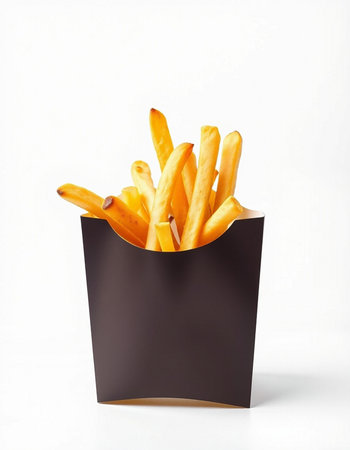 French fries in a paper box on a white background. Fast food.