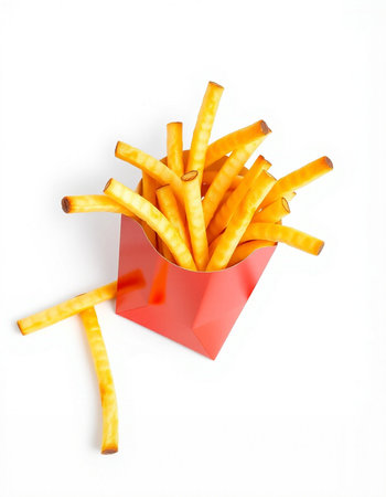 French fries in a red box on a white background. Isolated
