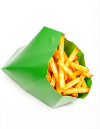 French fries in a green package on a white background. Isolated