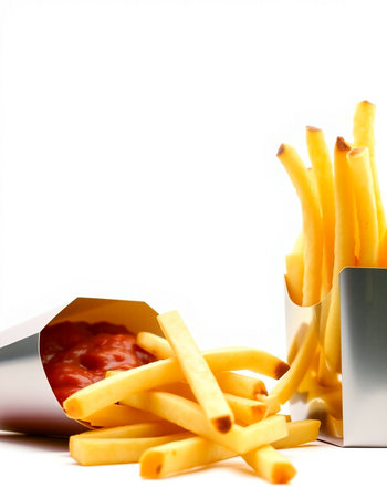 French fries with ketchup isolated on white background, clipping path included