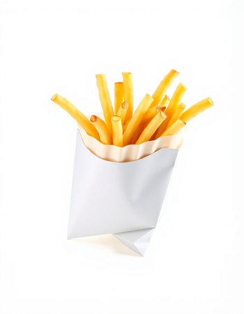 French fries in paper bag isolated on white background. Fast food concept.