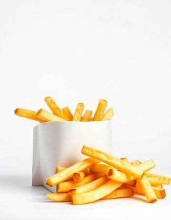 French fries in a white box on a white background with copy spaceの写真素材