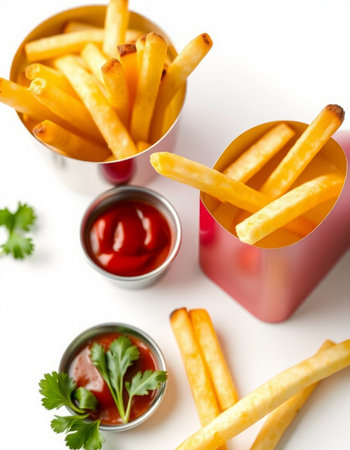 French fries in paper cups with ketchup and parsley on white background