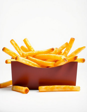 French fries in a box on a white background. Selective focus.