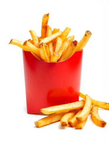 French fries in a red box on a white background. Isolated