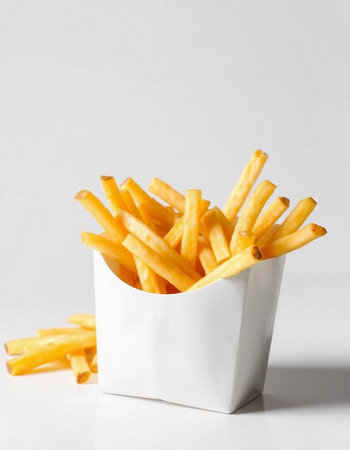 French fries in a paper box on a white background with copy space